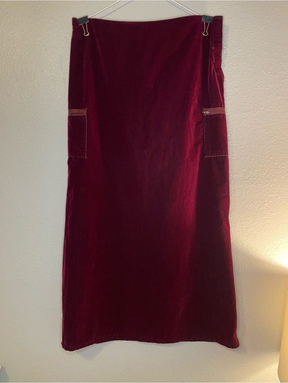 Vintage Burgundy Velvet Midi Skirt with Cargo Pockets